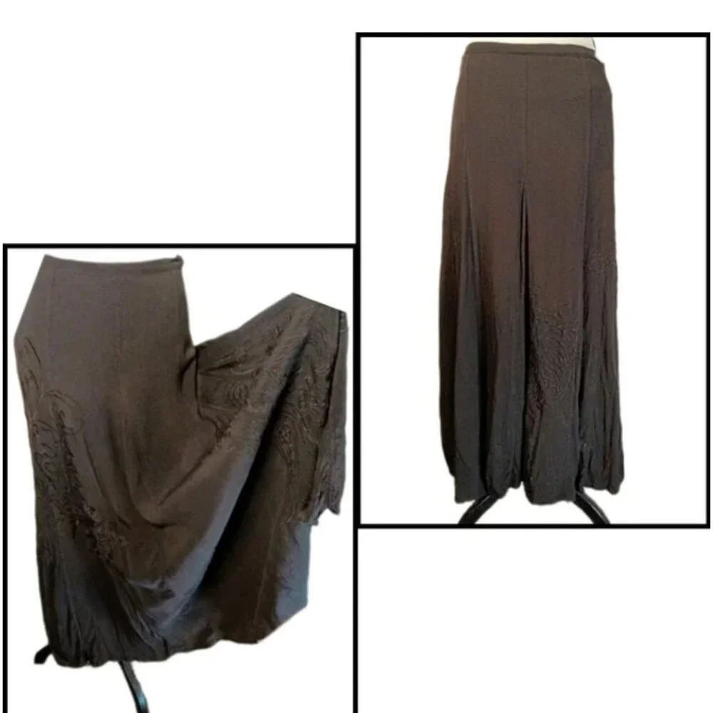 Vtg Coldwater Creek Boho Gypsy Maxi Skirt Chocolate Brown Paisley Embroidered XS